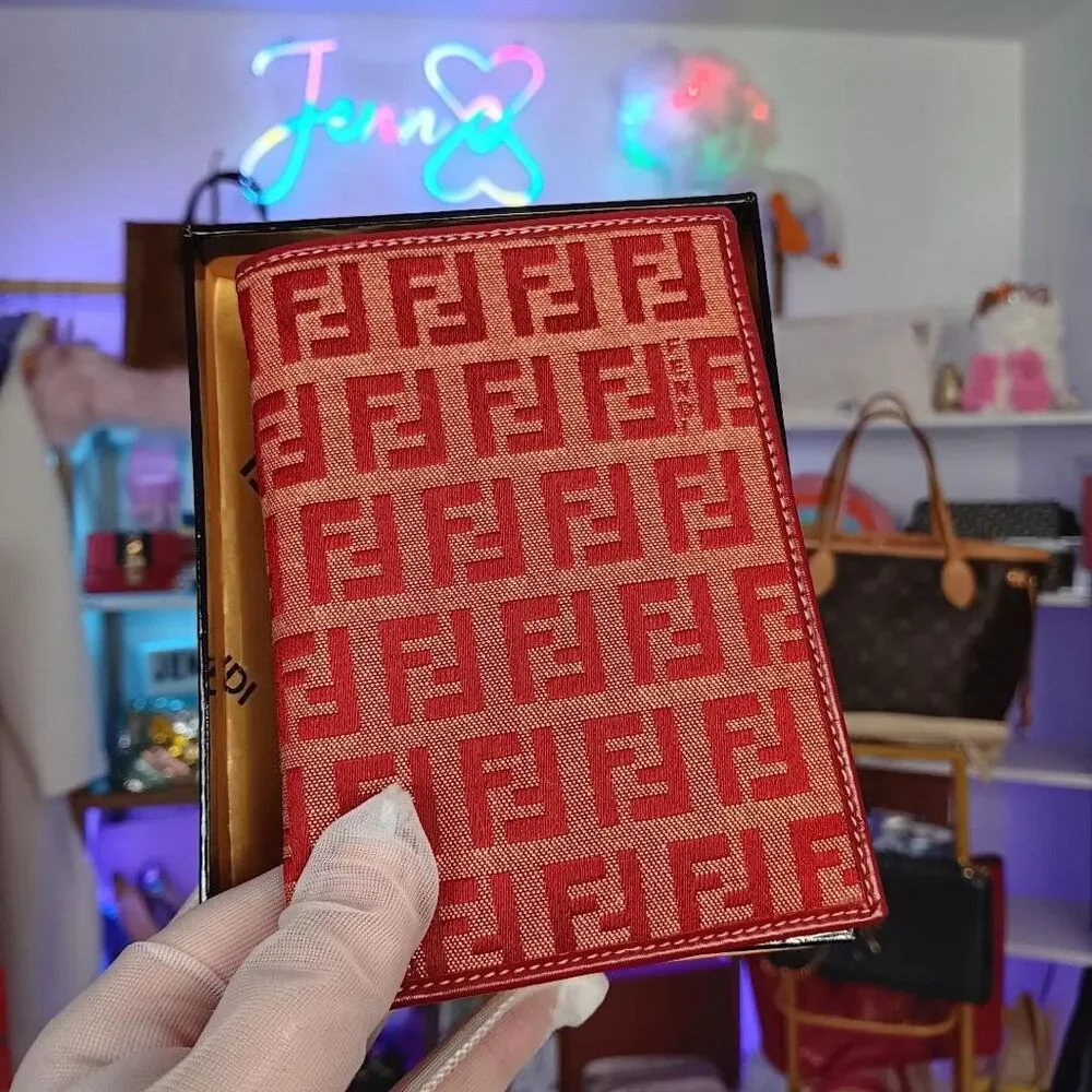 Fendi Red Beige Zucca Logo Leather Passport Size Wallet W/Box
